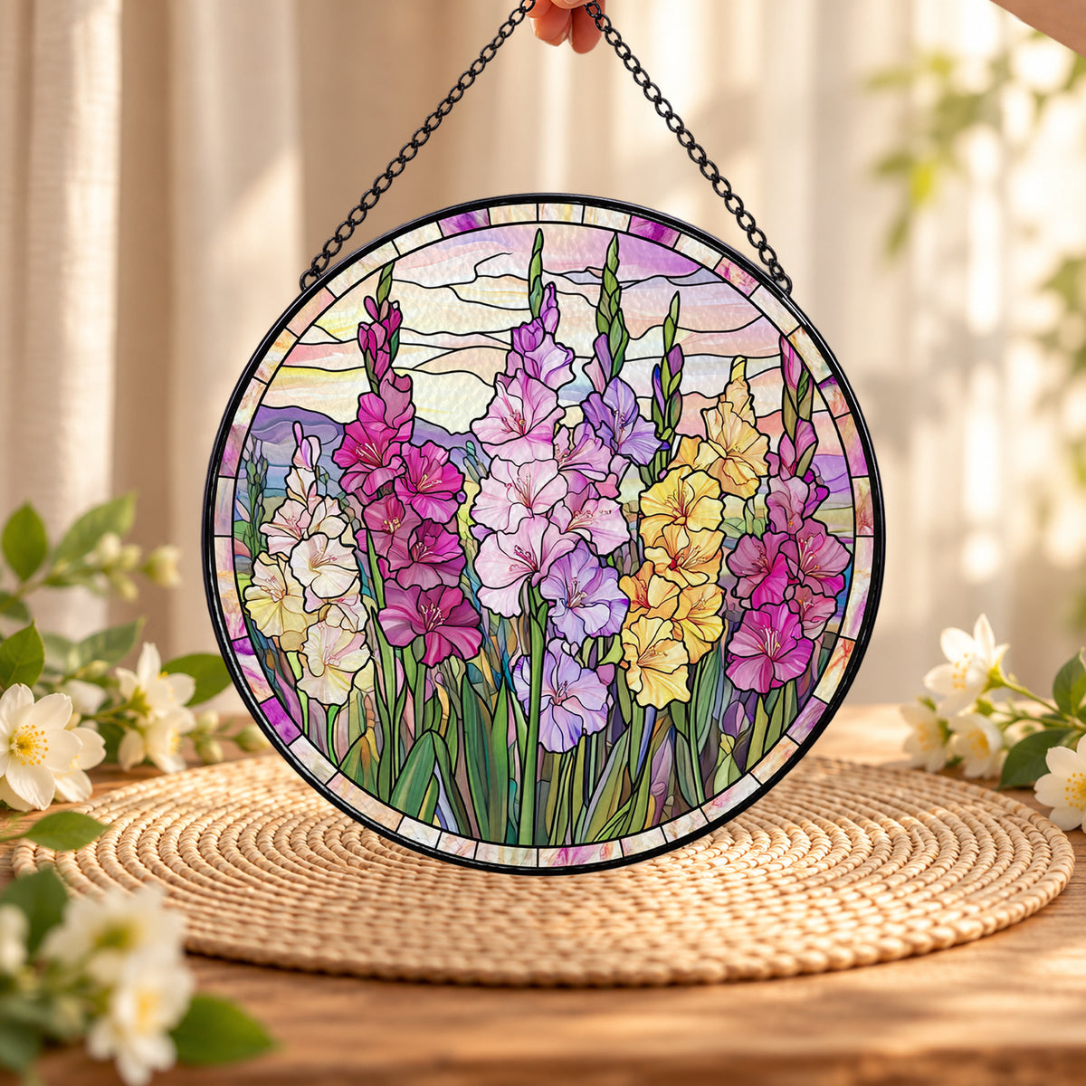 Pastel Snapdragons in Flower Garden round stained glass window hanging – second gallery view