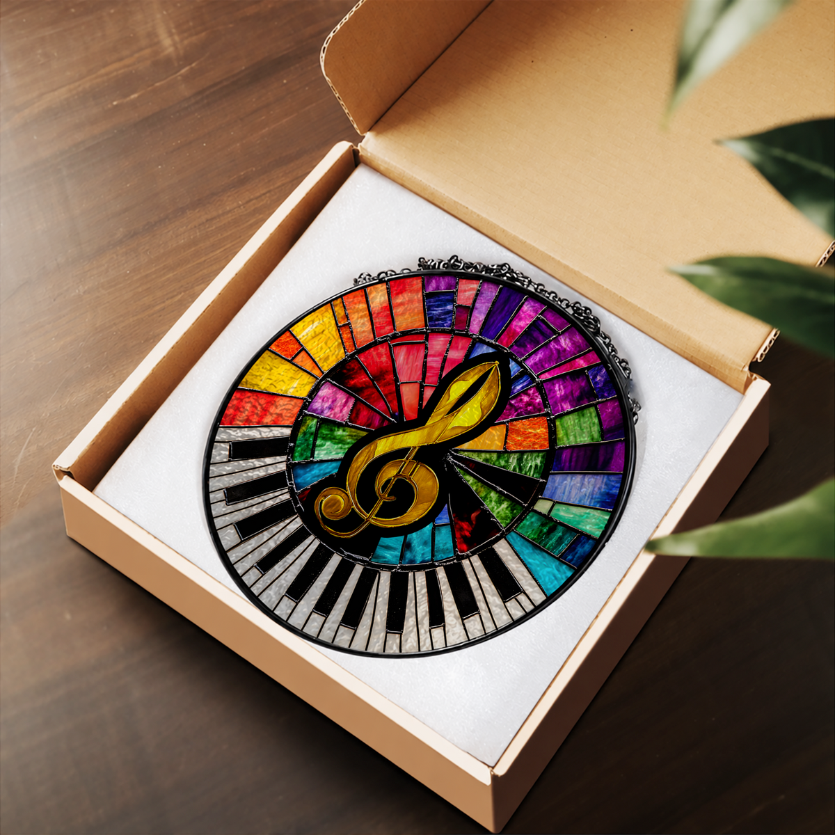 Piano Keys with Rainbow Treble Clef stained glass suncatcher – flat printed artwork design