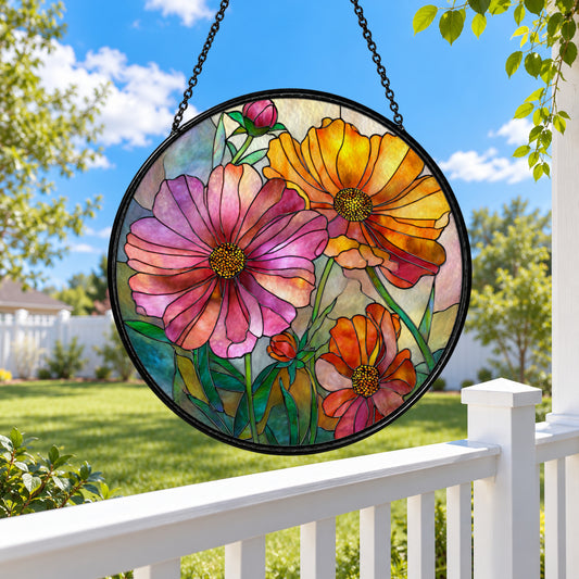 Pink and Orange Garden Zinnias stained glass suncatcher window hanging – front design view