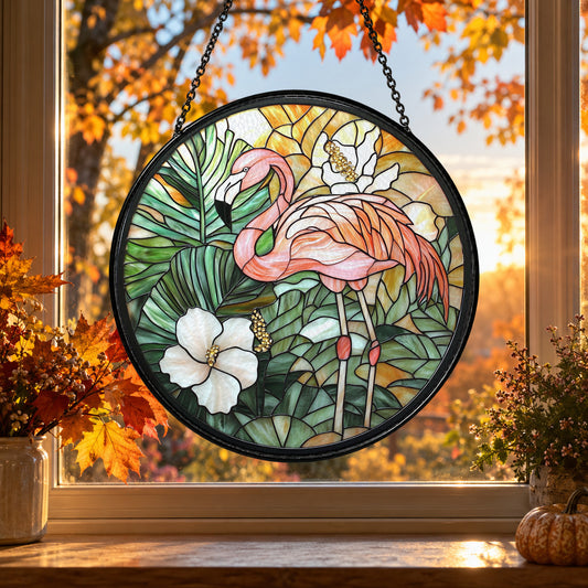 Pink Flamingo among Tropical Plants stained glass suncatcher window hanging – front design view