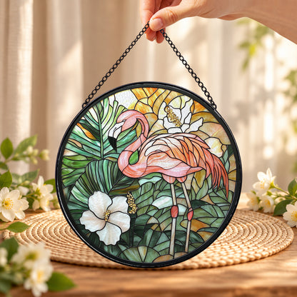 Pink Flamingo and White Hibiscus round stained glass window hanging – second gallery view