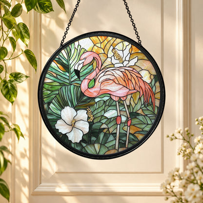 Pink Flamingo and White Hibiscus stained glass window suncatcher – third gallery view