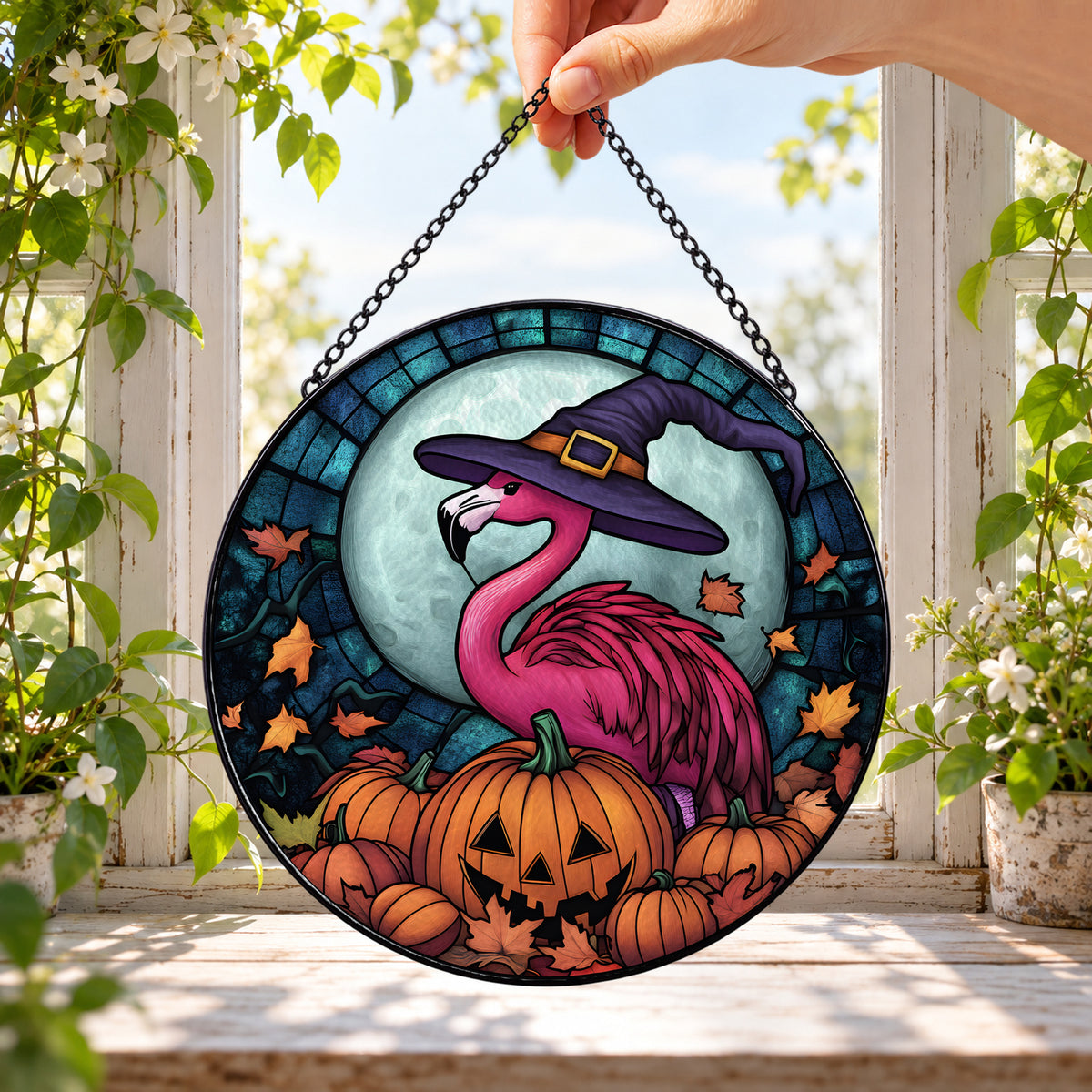 Pink Flamingo in Witch Hat with Pumpkin round stained glass window hanging – second gallery view