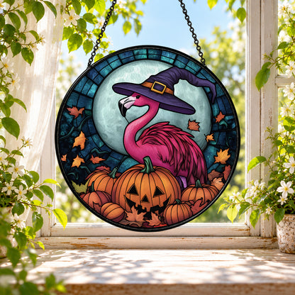 Pink Flamingo in Witch Hat with Pumpkin stained glass window suncatcher – third gallery view
