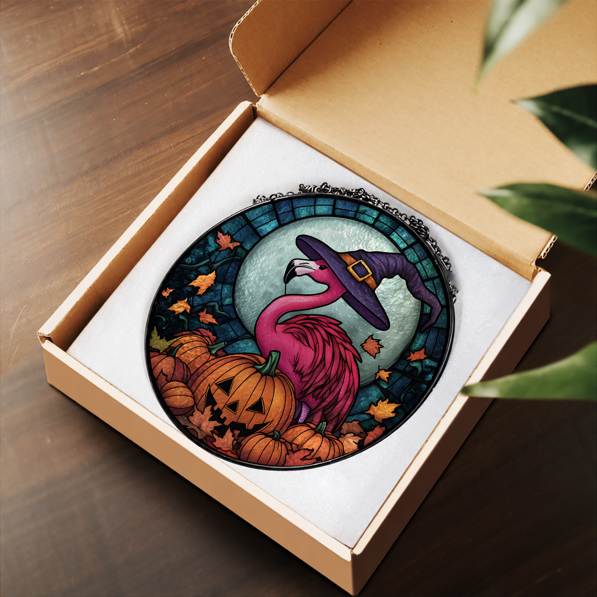 Pink Flamingo in Witch Hat with Pumpkin stained glass suncatcher – flat printed artwork design