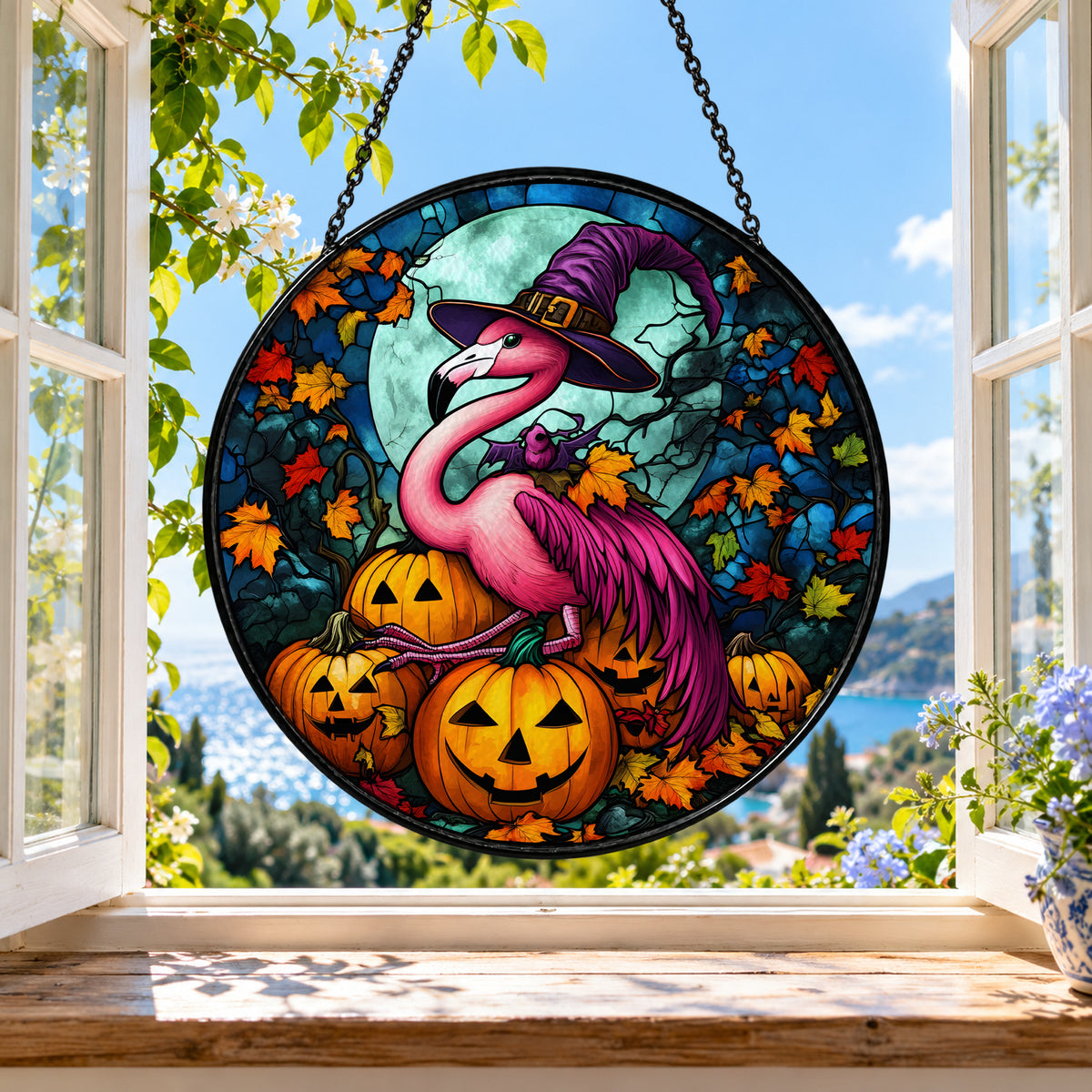 Pink Flamingo with Halloween Pumpkins stained glass suncatcher window hanging – front design view