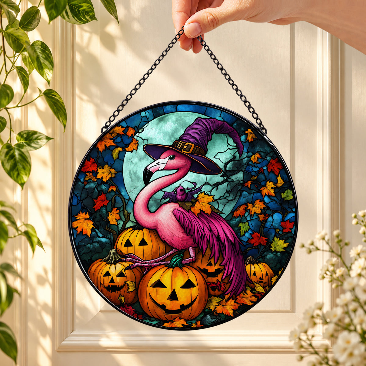 Pink Flamingo with Halloween Pumpkins round stained glass window hanging – second gallery view