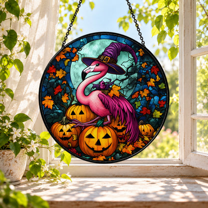 Pink Flamingo with Halloween Pumpkins stained glass window suncatcher – third gallery view