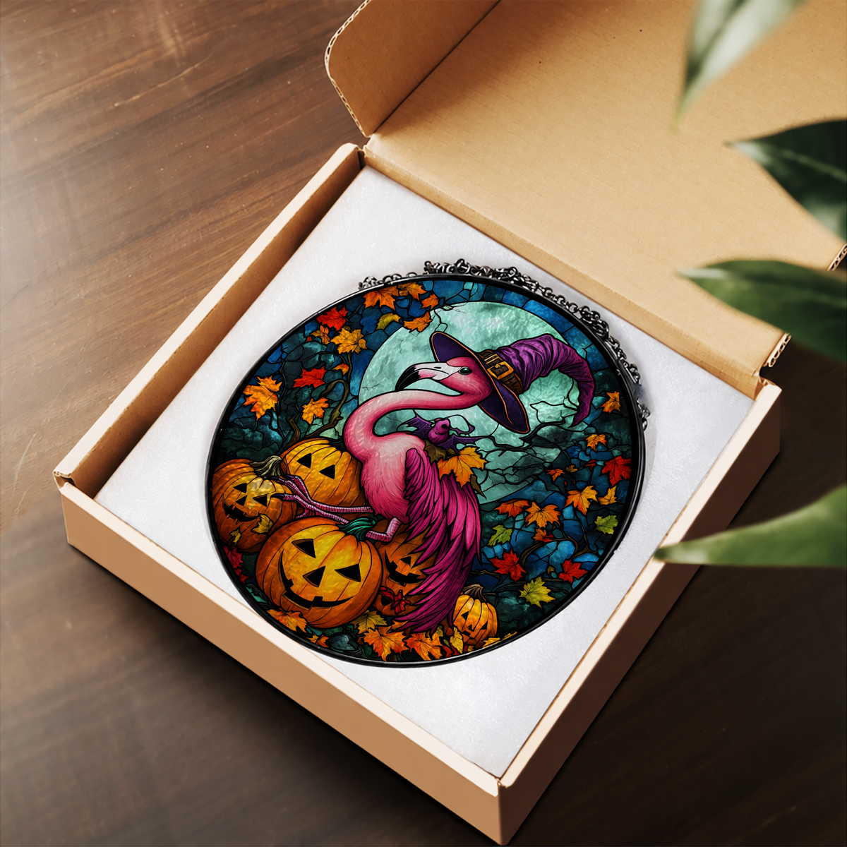 Pink Flamingo with Halloween Pumpkins stained glass suncatcher – flat printed artwork design