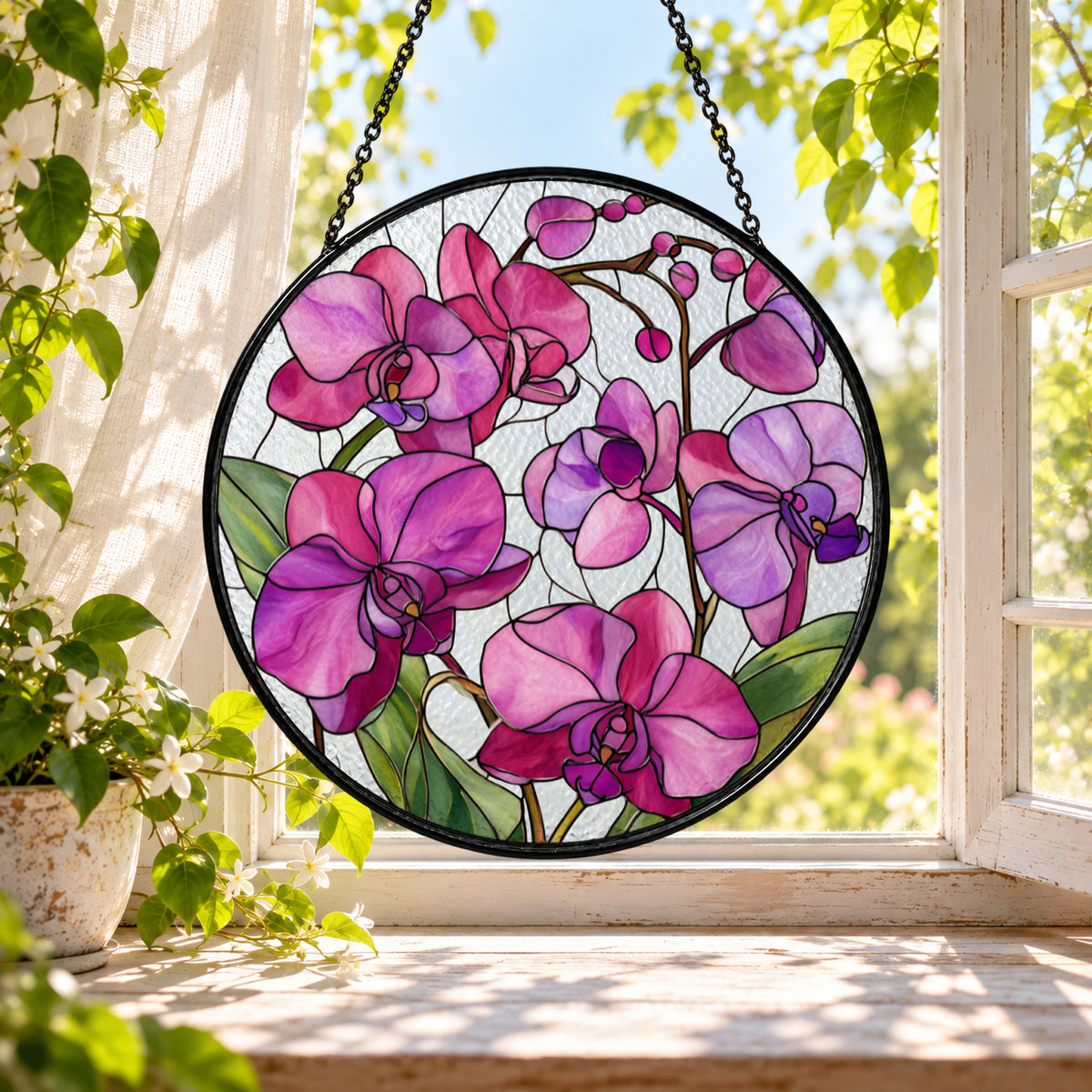 Pink Orchid Blooming Branch stained glass window suncatcher – third gallery view