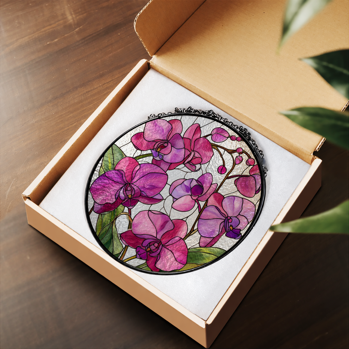 Pink Orchid Blooming Branch stained glass suncatcher – flat printed artwork design
