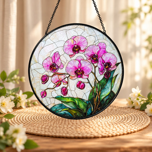 Pink Orchid Blossom Branch stained glass suncatcher window hanging – front design view