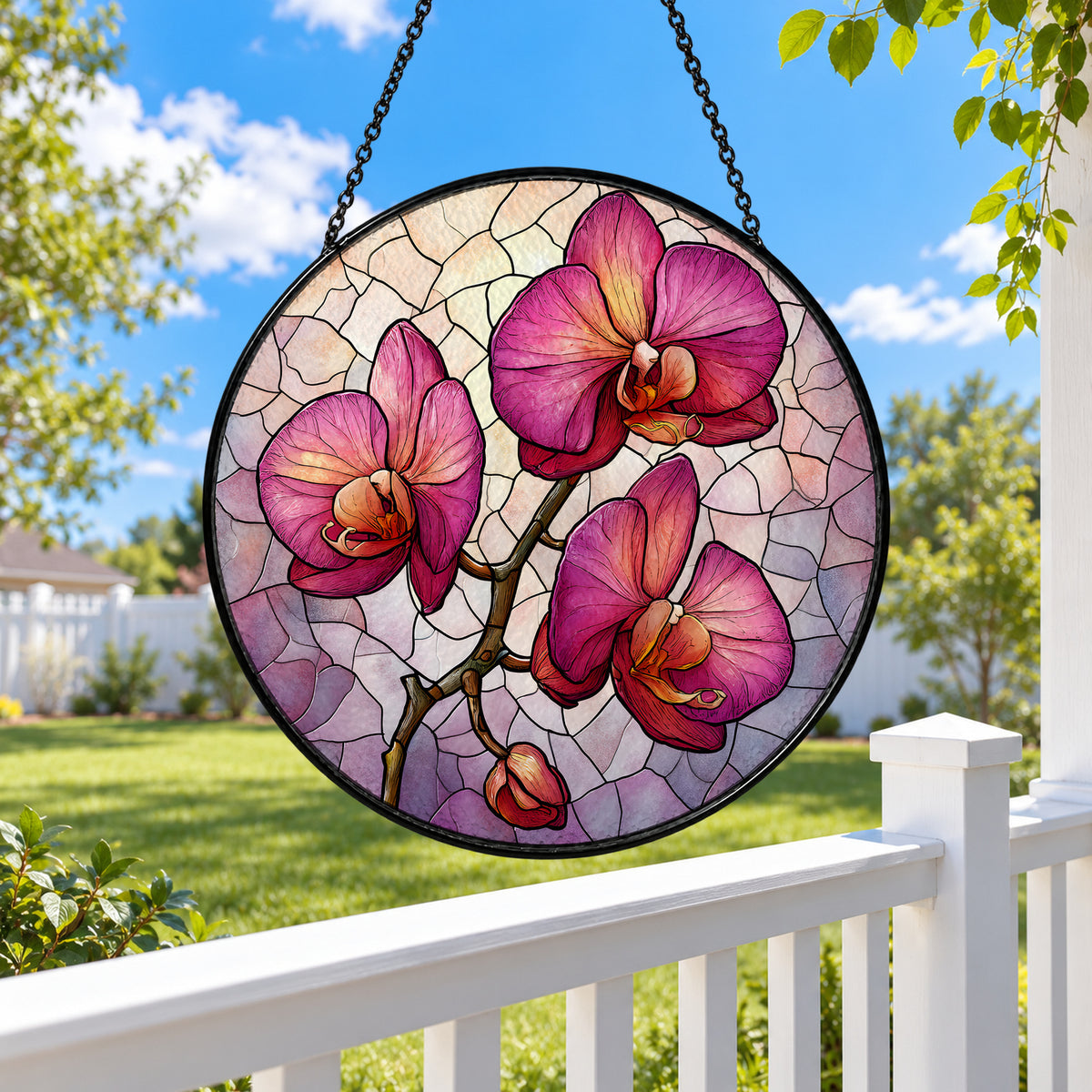 Pink Orchid Flowers on Branch stained glass suncatcher window hanging – front design view