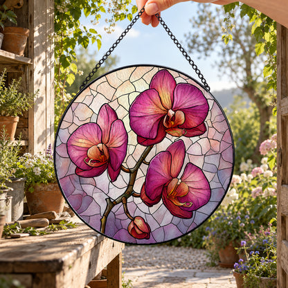Pink Orchid Flowers on Branch round stained glass window hanging – second gallery view