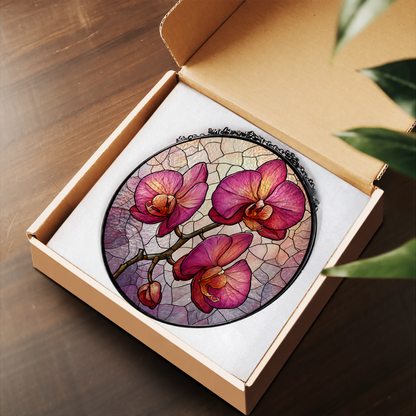 Pink Orchid Flowers on Branch stained glass suncatcher – flat printed artwork design