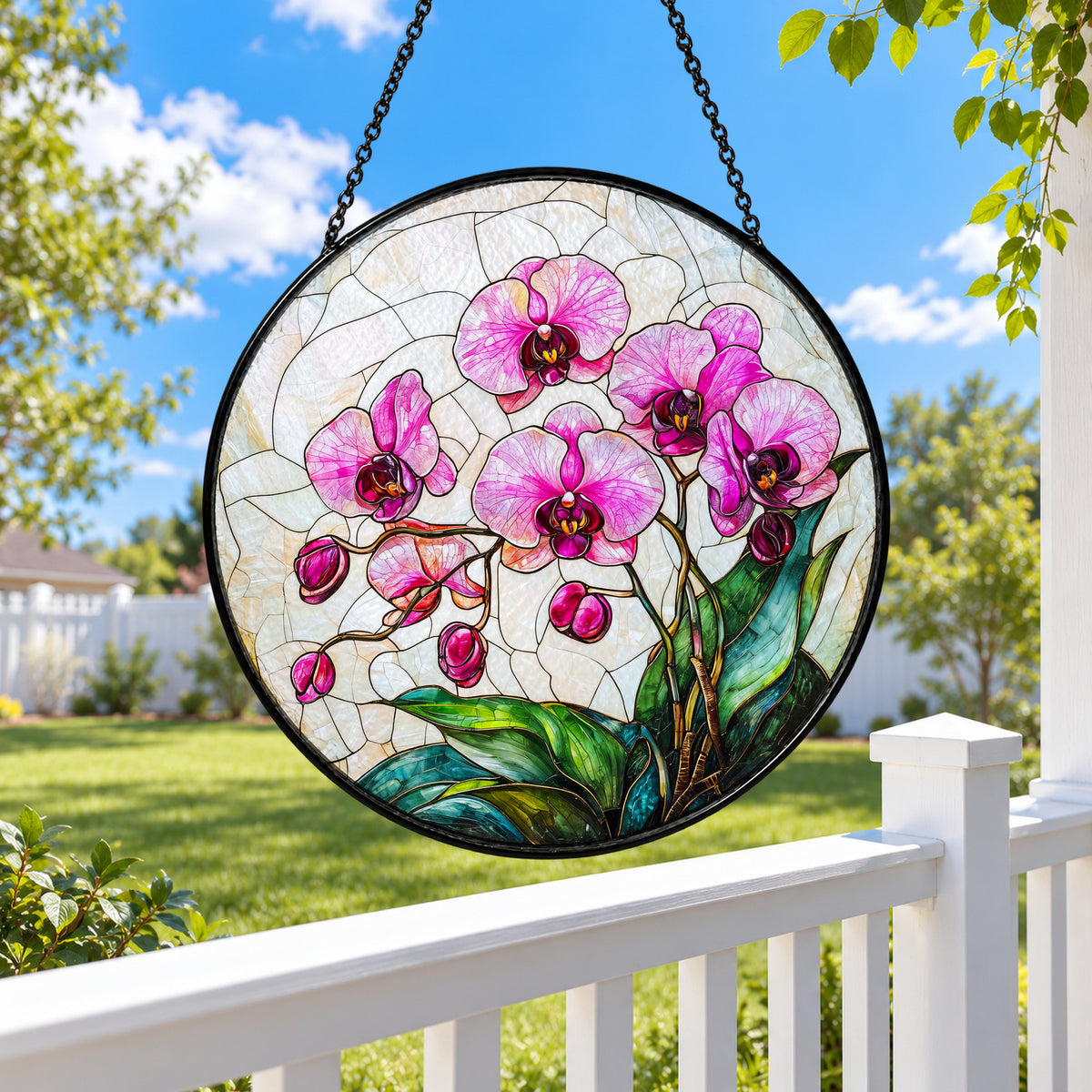 Pink Orchids with Green Leaves stained glass suncatcher window hanging – front design view