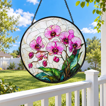 Pink Orchids with Green Leaves stained glass suncatcher window hanging – front design view