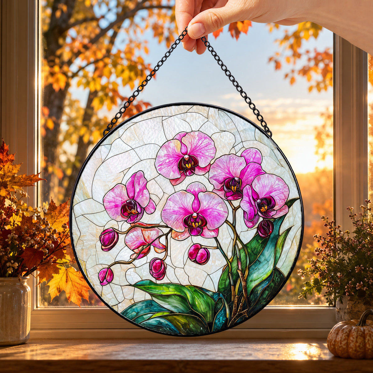 Pink Orchids with Green Leaves round stained glass window hanging – second gallery view
