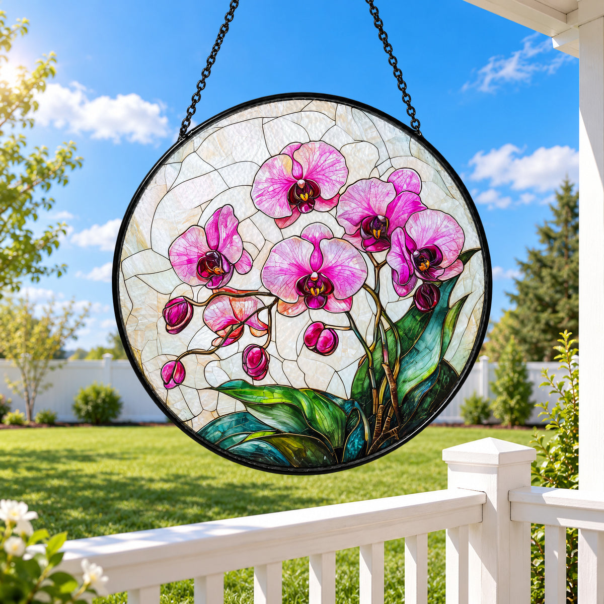 Pink Orchids with Green Leaves stained glass window suncatcher – third gallery view