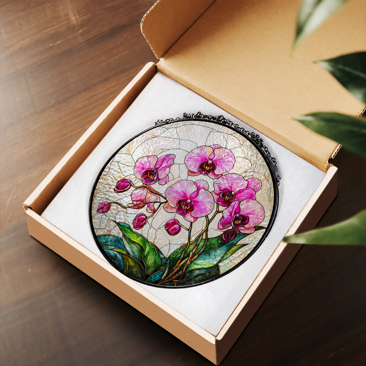 Pink Orchids with Green Leaves stained glass suncatcher – flat printed artwork design