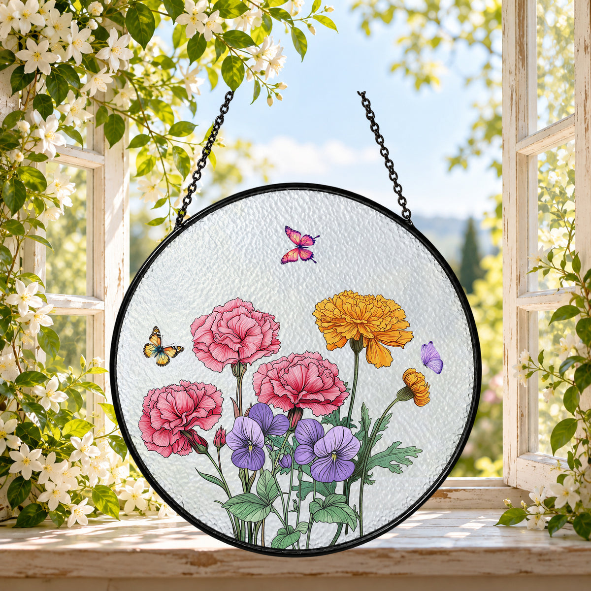 Pink Red and Yellow Spring Flowers round stained glass window hanging – second gallery view