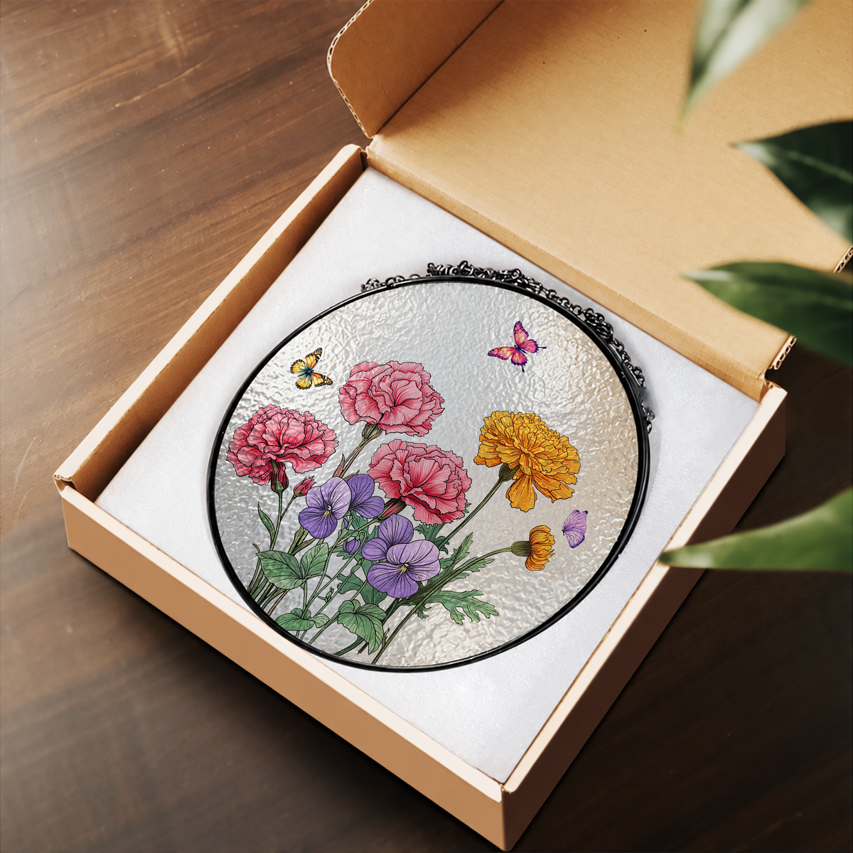 Pink Red and Yellow Spring Flowers stained glass suncatcher – flat printed artwork design