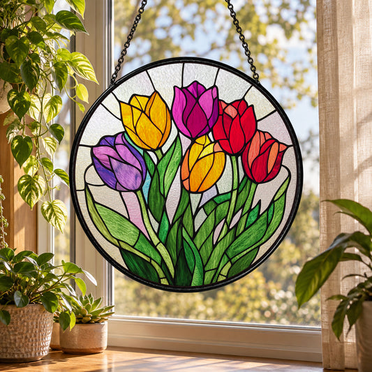 Pink Yellow and Purple Tulips stained glass suncatcher window hanging – front design view