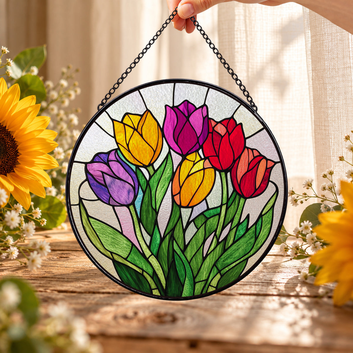 Pink Yellow and Purple Tulips round stained glass window hanging – second gallery view