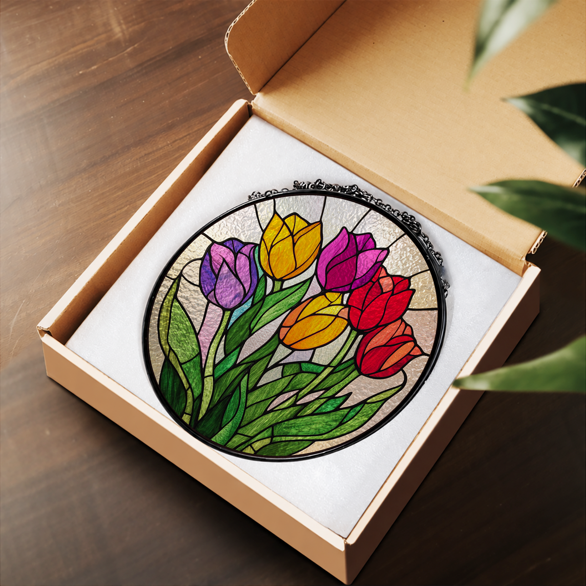 Pink Yellow and Purple Tulips stained glass suncatcher – flat printed artwork design