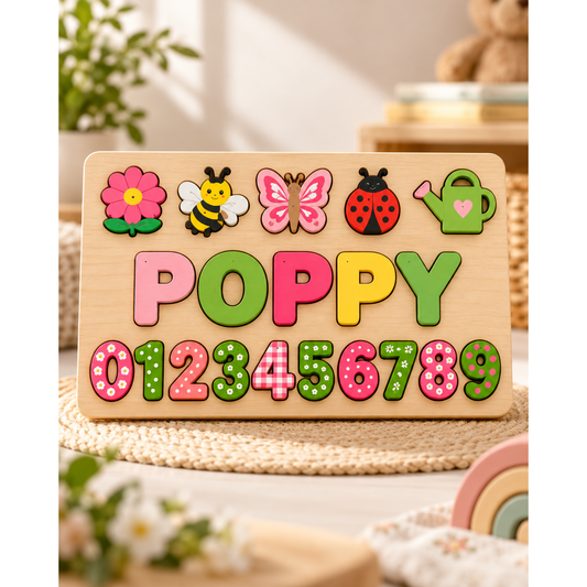 Personalized POPPY flower wooden name puzzle – square lifestyle mockup