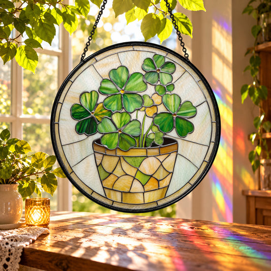 Potted Four Leaf Clover in Basket stained glass suncatcher window hanging – front design view
