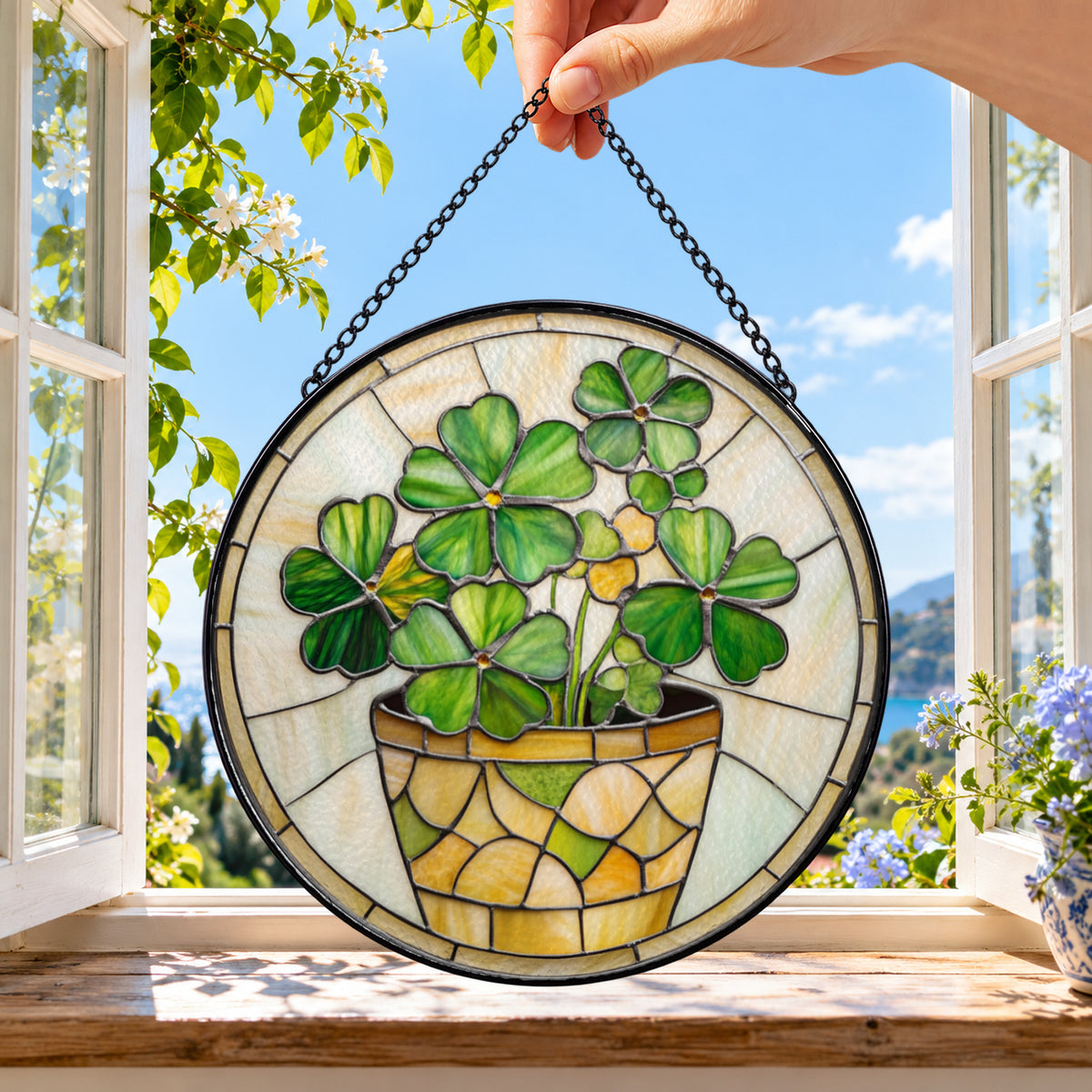 Potted Four Leaf Clover in Basket round stained glass window hanging – second gallery view