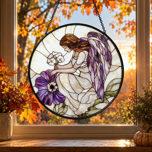 Praying Angel and Purple Flowers stained glass suncatcher window hanging – front design view