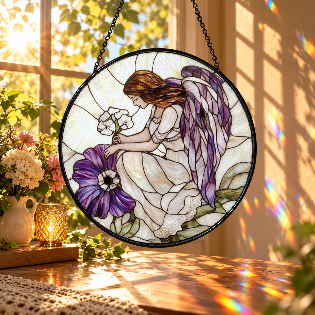 Praying Angel with Violet Flowers stained glass window suncatcher – third gallery view