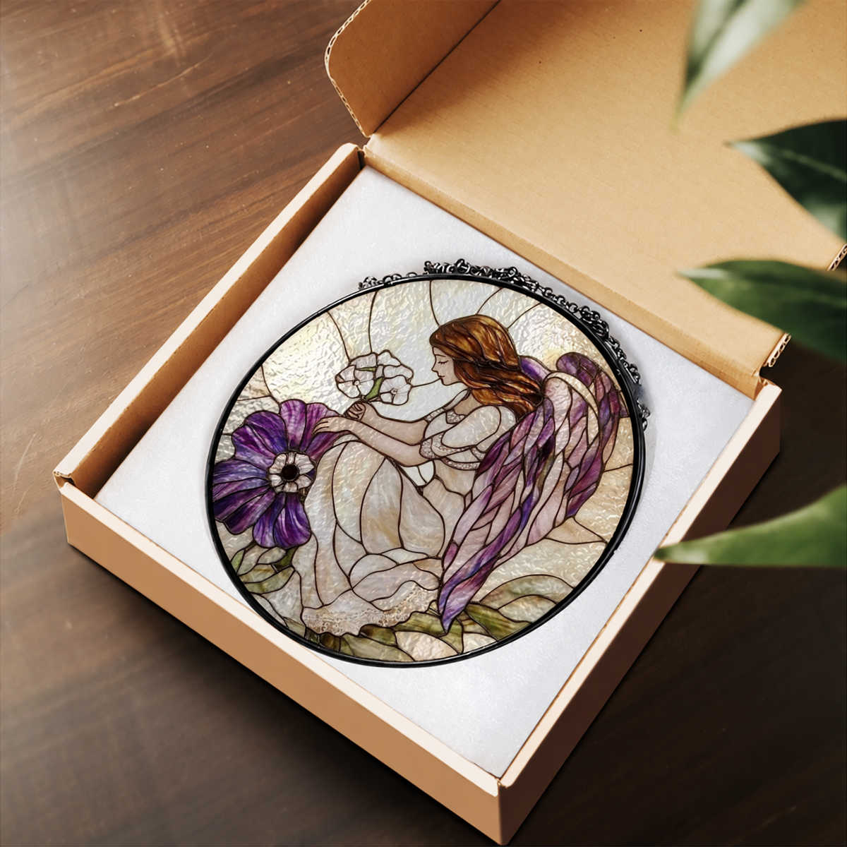 Praying Angel with Violet Flowers stained glass suncatcher – flat printed artwork design