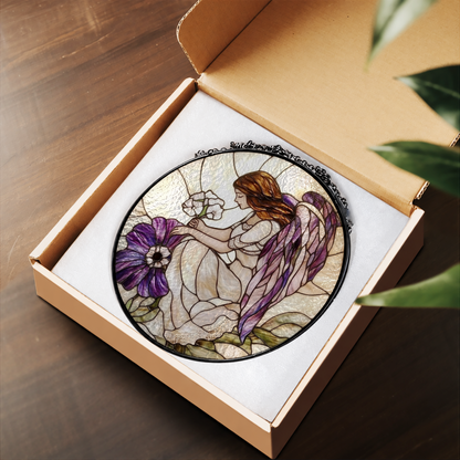 Praying Angel with Violet Flowers stained glass suncatcher – flat printed artwork design