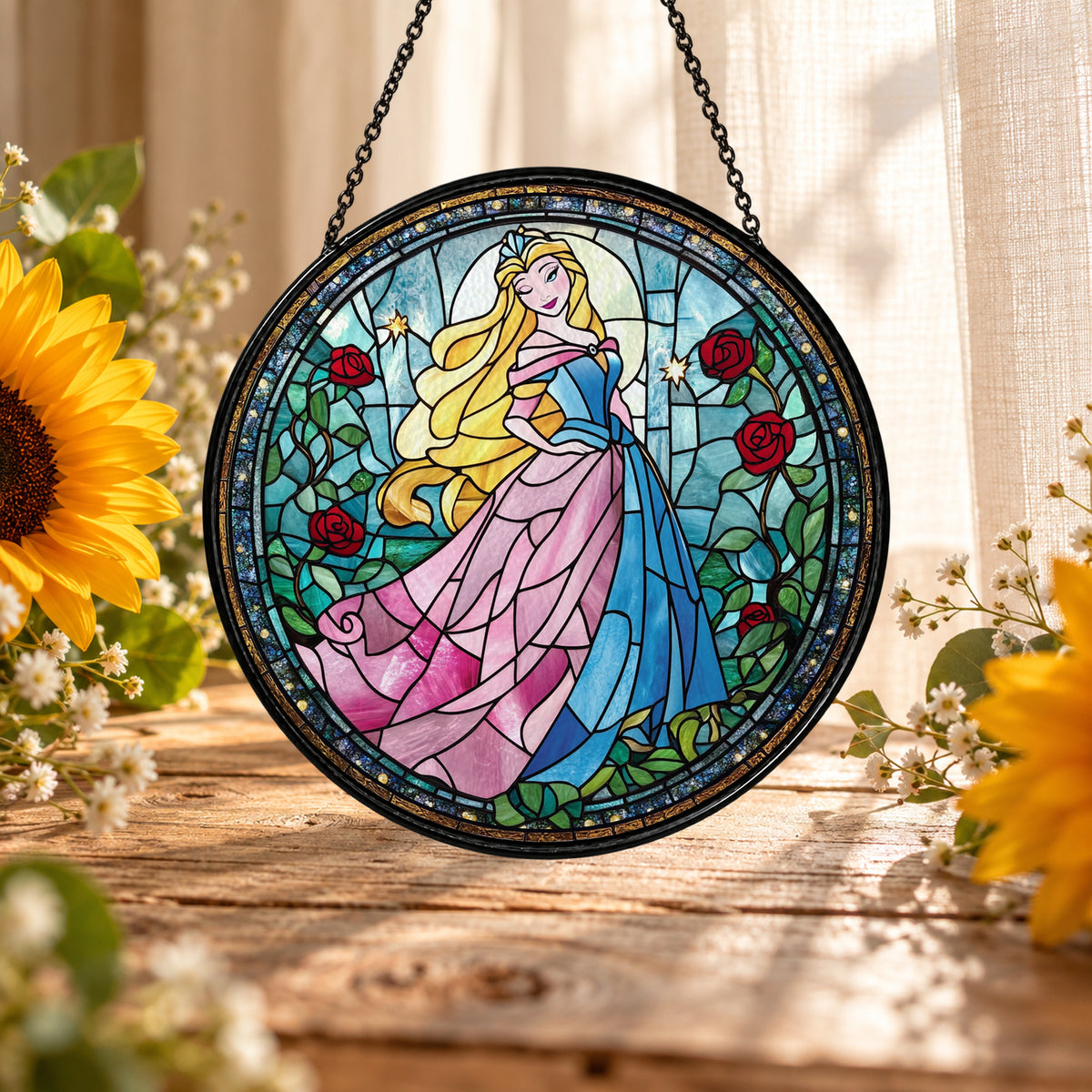 Princess in Pink Dress among Flowers stained glass suncatcher window hanging – front design view