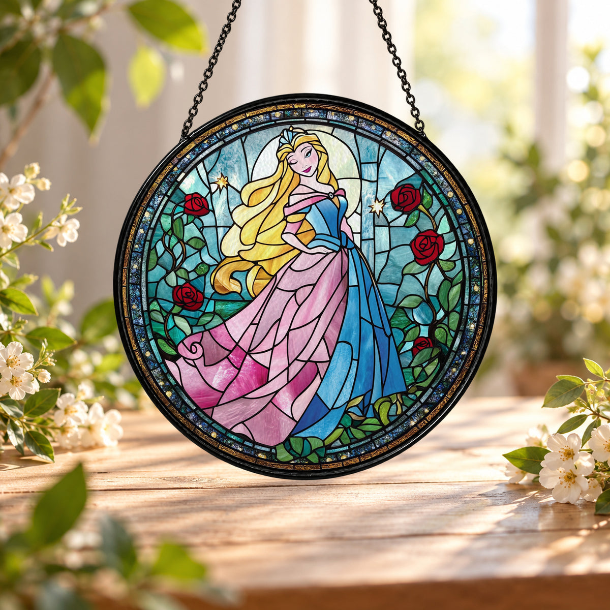 Princess in Pink Dress among Flowers stained glass window suncatcher – third gallery view
