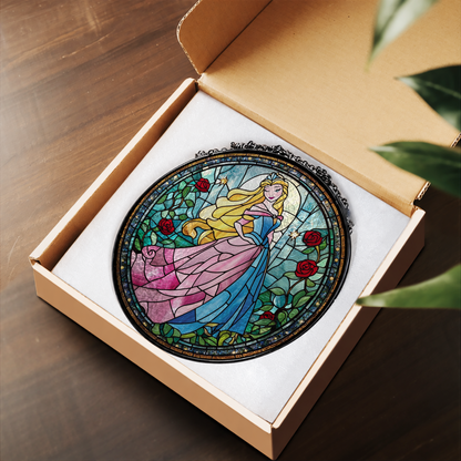 Princess in Pink Dress among Flowers stained glass suncatcher – flat printed artwork design
