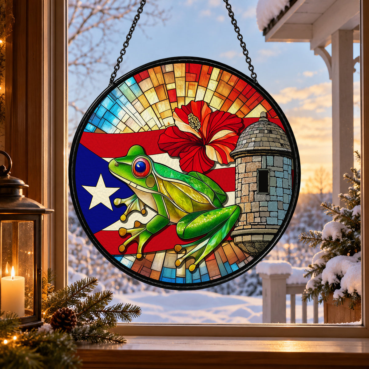 Puerto Rican Coqui Frog and Flag stained glass suncatcher window hanging – front design view