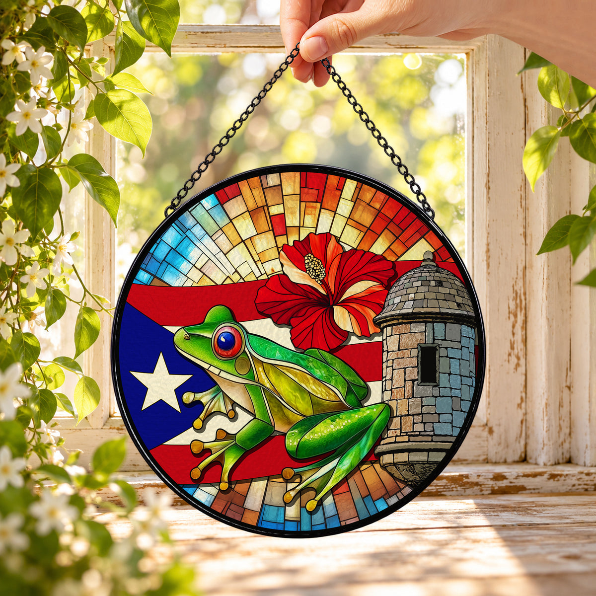 Puerto Rican Coqui Frog and Flag round stained glass window hanging – second gallery view