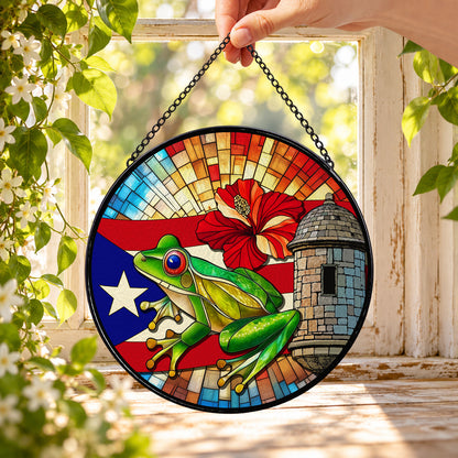 Puerto Rican Coqui Frog and Flag round stained glass window hanging – second gallery view
