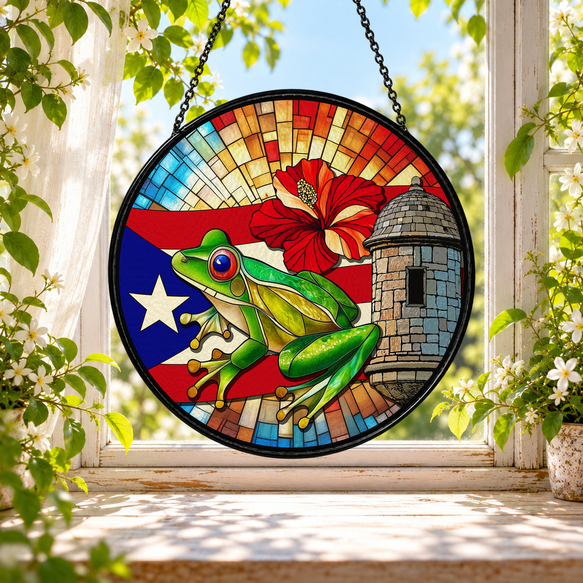 Puerto Rican Coqui Frog and Flag stained glass window suncatcher – third gallery view