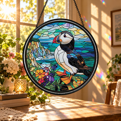 Puffin Bird on Coastal Cliffs stained glass suncatcher window hanging – front design view