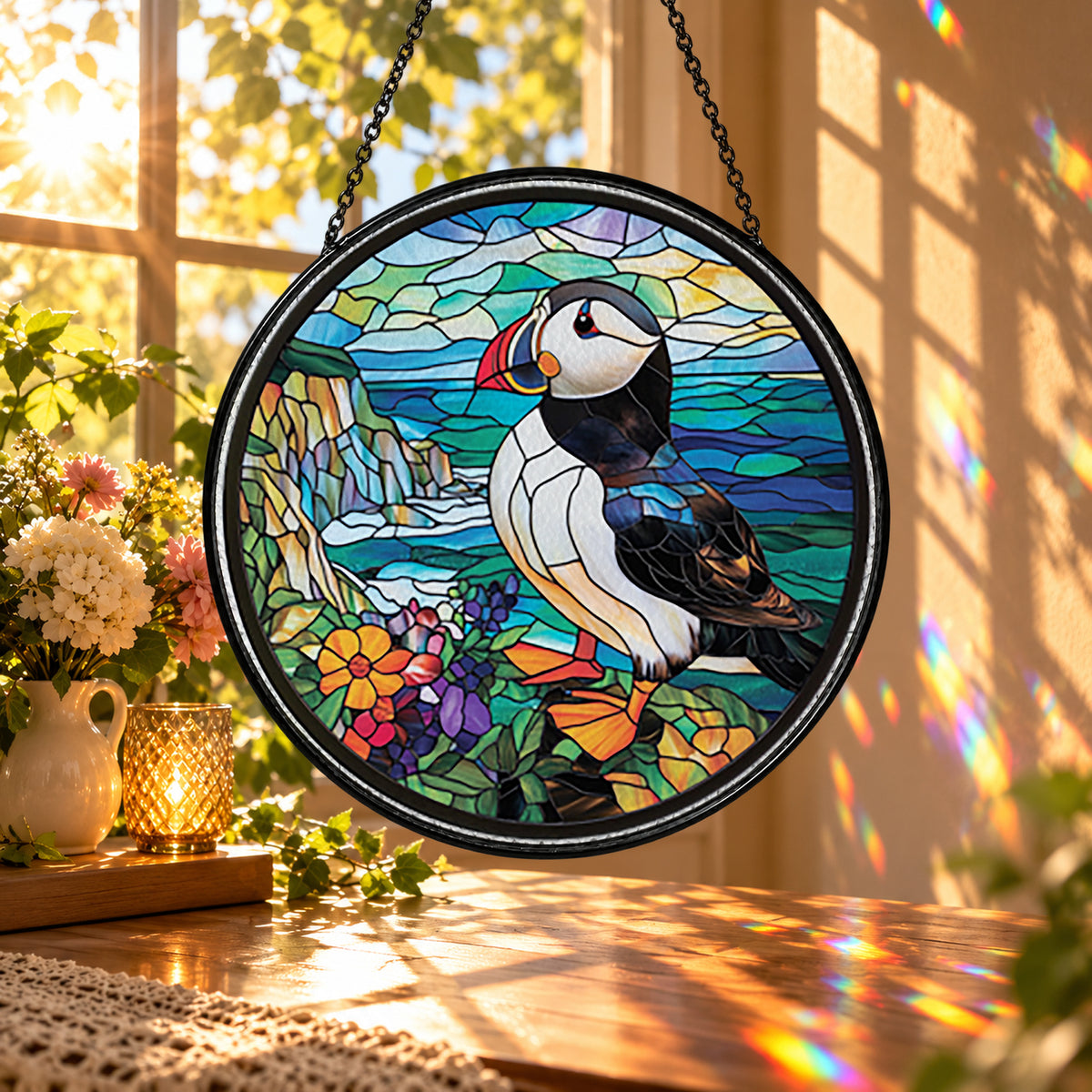 Puffin Bird on Coastal Cliffs stained glass window suncatcher – third gallery view