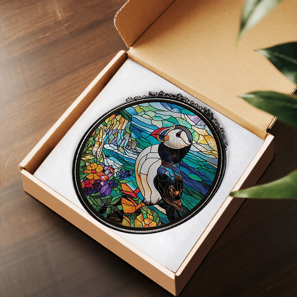 Puffin Bird on Coastal Cliffs stained glass suncatcher – flat printed artwork design