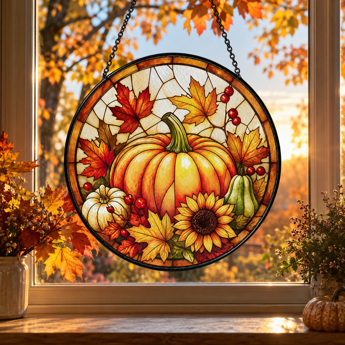 Pumpkin with Autumn Sunflowers stained glass suncatcher window hanging – front design view