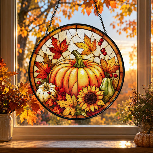 Pumpkin with Autumn Sunflowers stained glass suncatcher window hanging – front design view