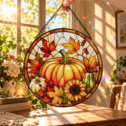 Pumpkin with Autumn Sunflowers round stained glass window hanging – second gallery view