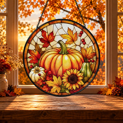 Pumpkin with Autumn Sunflowers stained glass window suncatcher – third gallery view